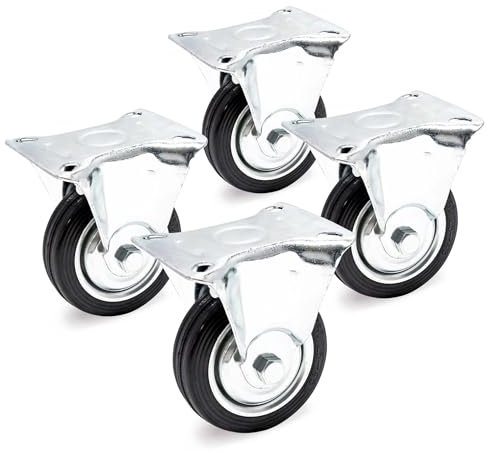 Wiltec Bockrollen Set 4x Transportrolle Ø75mm mit Vollgummirad, Metallfelge und Anbauplatte bis 50kg pro Rad, Apparaterollen Möbelrollen leiser Lauf