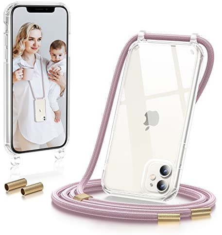 GOODVISH Handykette kompatibel mit Apple iPhone 11 6,1 Display, Necklace Hülle mit Band Handyhülle für zum Umhängen, Transparent Case mit Schnur Schutzhülle mit Kordel,Rosé Gold