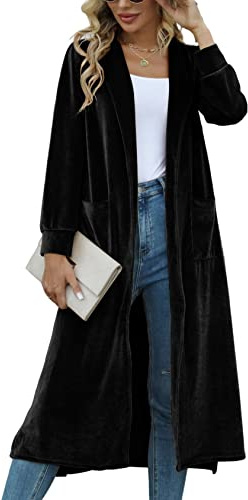 Yimoon Velvet Cardigan Jacket Open Front Lapel Collar Outerwear Sequin Duster Coat Velour Long Blazers for Women, Black, XL