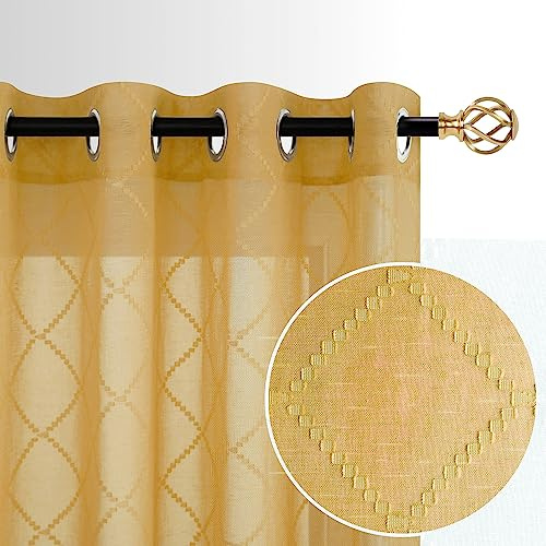 Gold Yellow Grommet Sheer Curtains 63 Inch Length for Bedroom 2 Panels Set Mid Century Modern Boho Geometric Diamond Embroidered Trellis Quatrefoil Patterned Curtains 63 Inches Long for Living Room