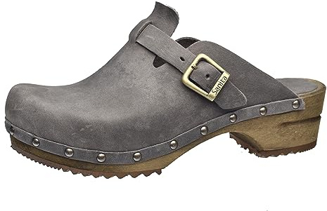 Sanita Kristel offener Clog | Original handgemacht | Leder-Holzclogs für Damen | Nachhaltige Sohle | Anthrazitgrau | 40 EU