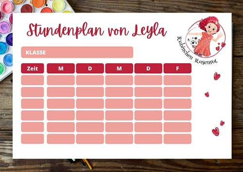 Rubinchen Rosenrot Stundenplan -Motiv Farbkasten- für Mädchen: als Geschenk zur Einschulung oder einfach für das neue Schuljahr, A4, personalisierbar mit Wunschname, wiederbeschreibbar und abwischbar