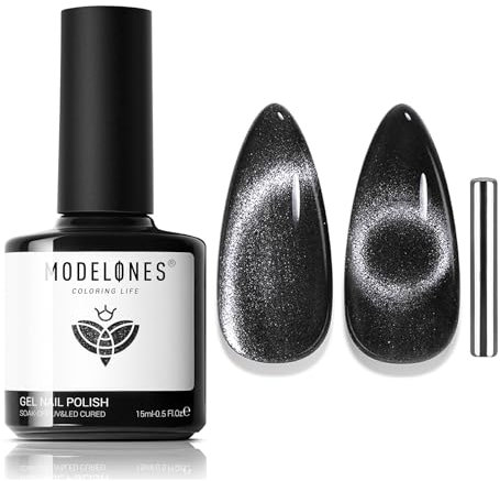 MODELONES UV Nagellack Cat Eye 15 ML, Schwarz mit Magnet, Schwarz Cat Eye Uv Gel, Glitter Soak Off Reflective Gel Magnetic Nagellack für Frauen und Mädchen