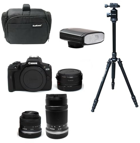 KamKorda Camera Bag + Tripod + Flash + R Mount Adapter + R100 Mirrorless Camera + RF-S 18-45 f/4.5-6.3 IS STM + RF-S 55-210mm f/5-7.1 IS STM Lens, 24.1MP APS-C CMOS Sensor, 4K Video + 2 Year Warranty