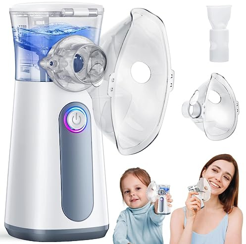 Tyst inhalator barn med munstycke och 2 masker, bärbar inhalator för vuxna med justerbar frekvens, inhalator med rengöringsläge, inhalator med lång batteritid