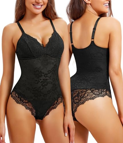 REYEOGO Lace Shapewear Bodysuit for Women Tummy Control Body Shaper V Neck Fajas Tank Tops Slimming Camisole Waist Trainer Corset (Large, Black)