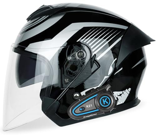 Motorradhelm mit Bluetooth Jethelm Herren Damen ECE-zertifizierter Motorrad Jethelme Integrierter Bluetooth-Helm mit Doppelspiegel Rollerhelm Scooterhelm L,XL