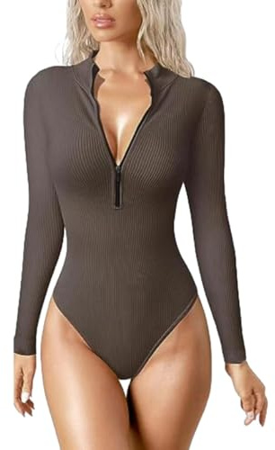 SUIUOI Mono de mujer con mangas largas, elegante mono con mangas largas, camiseta con cremallera, mono con tanga, mono con tirantes, ropa interior de canalé, mono de mujer, ropa de ocio, marrón, M