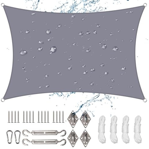 NAKIHOUSE Sun Shade Sail 2m x 4m Rectangle Waterproof Sunscreen Awning Canopy with Fixing Kit 95% UV Block Sun Shades for Outdoors, Garden, Patio, Yard, Party (Light Grey)