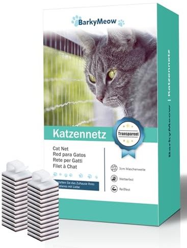 BarkyMeow Filet de Balcon pour Chats, Filet de Balcon sans Perçage, Barrière de Fenêtre pour Chats, Filet de Protection pour Chats pour Balcons, Terrasses, Portes, Lucarnes (6x3m Transparent)