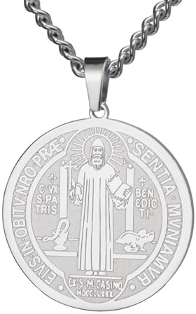 TEAMER Collana di San Benedetto in Acciaio Inossidabile - Ciondolo Croce di Gesù, Amuleto Religioso di Forza, Pace, Preghiera - Gioielli per Uomini e Donne (Argento)