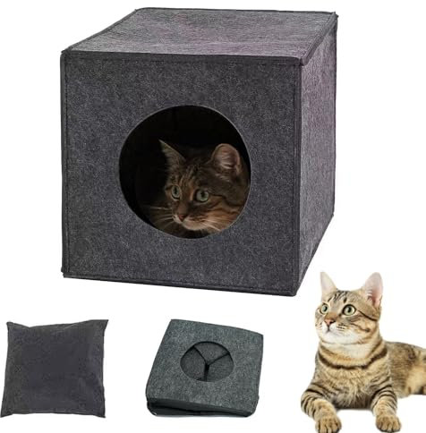 Katzenhöhle aus Filz mit Kissen - Faltbare Kuschelhöhle für Katzen und kleine Hunde (Dunkelgrau, 33x37x33 cm)