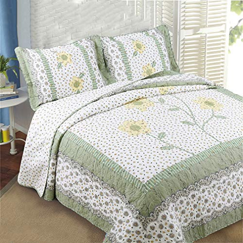 3-teiliges Bettlaken-Set, handgefertigt, Patchwork-Tagesdecke, 230 x 250 cm, 50 x 70 cm x 2, für Bett 150 oder 135, wendbar, Pink Little (Grün)
