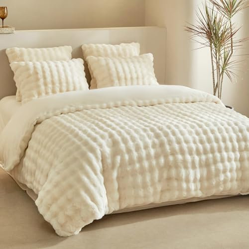 Lekesky Fluffy Double Duvet Set, Winter Fluffy Bedding Double，Soft Warm Teddy Fleece Duvet Set 3pcs (1x Shaggy Duvet Cover + 2x Pillowcases), Beige