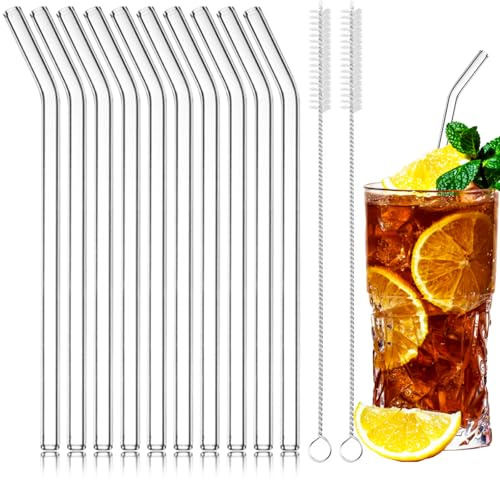 10Pcs 200 mm Cannucce Vetro Riutilizzabili, Certificate LFGB Cannucce di Vetro Trasparente con 2 Spazzole per la Pulizia, Cannuccia Vetro Senza BPA, per Cocktail, Frullati e Succhi di Frutta