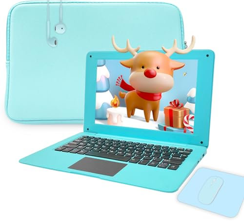 aichiw Mini Ordenador Portátil 10.1 Pulgadas, Ordenador Portátil con CPU 2GB RAM 64GB eMMC, Funda para Portátil, Ratón Inalámbrico, Mini Portátil con Win 10 (Azul-Teclado Inglés)