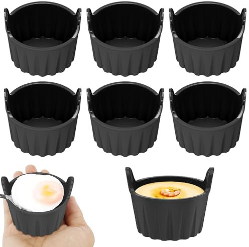 SKIKHN Auflaufförmchen für Luftfritteuse, 6 Stück Silikon-Luftfritteusen-Eierpochierer, Heißluftfritteuse Auflaufförmchen, Wiederverwendbare Formen für Luftfritteuse, Kuchen, Pudding (Schwarz)