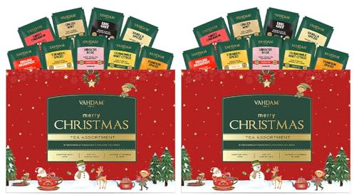 VAHDAM, Feliz Navidad – Set de regalo de té (9 bolsitas individuales, set de 2) Edición limitada | Sin gluten | Set de regalo de té de Navidad 2025 | Regalos de té de Navidad para él/ella 2025