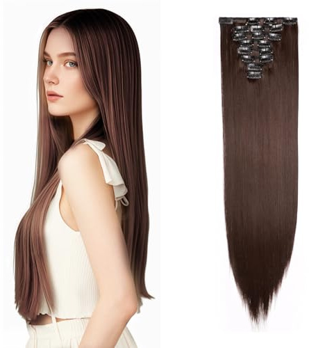 8 Teile Set Clip In Extensions Haarverlängerung Echthaar Voller Kopf 66cm Hair Extensions Realistisch und Natürlich Extensions Clip in für Frauen und Mädchen (Mittel braun)