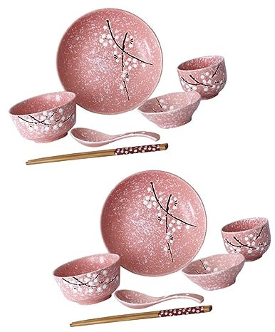 OKUMEYR Posate e Stoviglie in Ceramica Giapponese Rosa Con Ciotole Piatti Bicchieri Cucchiai e Bacchette Servizio Completo Per Casa e Ristorante
