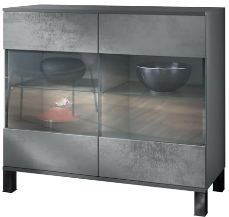 Vladon Kommode Bari V3, Moderner Küchenschrank mit 2 großen Glastüren inkl. RGB Beleuchtung Anthrazit matt/Beton Dunkel Optik (92,5 x 84.5 x 35)