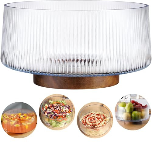 NiHome Extra Large 4.5L Glass Salad Bowl with Natural Acacia Wood Base, Ribbed Design Oversized Capacity for Family Dinners, Parties & Gatherings, Multipurpose for Serving Salads, Fruits, Wine