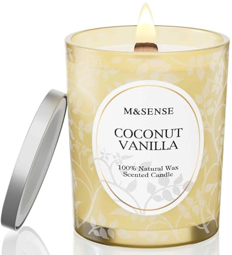 M&SENSE Duftkerze Groß 510g, Kokosnuss Vanille Duftkerzen im Glas,100h Lang Brennende, Knisternder Docht Kerze, Holzdocht Kerzen, Natürliche Vegane Sojawachs Duftkerzen für Männer und Frauen