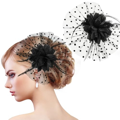MWOOT Feder Blume Haarspange, 1920er Fascinator Feder Schleier Haarnadel für Damen, Schwarz Blumen Mesh 20er Jahre Haarschmuck für Karneval Halloween Cocktail Hochzeit Tee-Party Accessoires