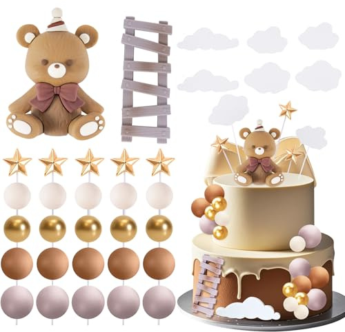 33 Stück Braun Teddybär Tortendeko, Baby Dusche Kuchen Dekorationen | Taufe Junge Tortendeko Mädchen 1 Jahr für Bär Baby Dusche Kuchen Dekor Babyshower Geburtstag Party
