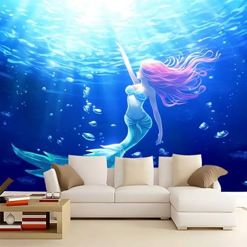 Carta Da Parati Fotografica Mare blu onirico e sirena Tema Fotomurali- Moderno Murale per Pareti Soggiorno Sfondo Televisivo - Fotomurali Tessuto Non Tessuto (350 x 256 cm)