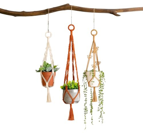 Wasise Macrame Plant Hanger - 3 PCS Hanging Plant Holder, Indoor Boho Hanging Baskets for Plants, Indoor Cotton Rope Woven Basket Ceiling Hang Decor, Colorful Tassel Net Bag Pot, Boho Room Decor