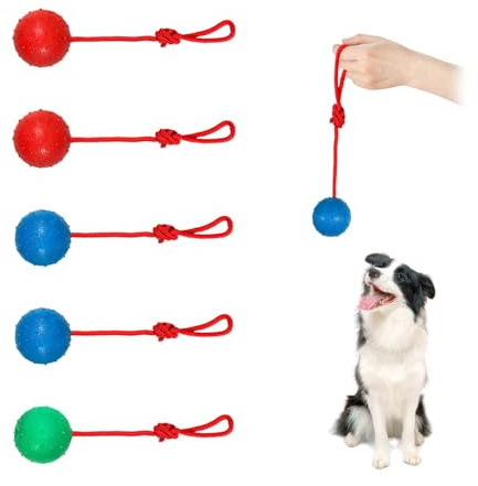 tintoke 5 STK unzerstörbarer Hundeball Mit Seil,Naturkautschuk Wurfball Hund,Elastischer Wurfball,Elastische Hundespielzeug Ball mit Seil, für große, mittelgroße und kleine Hunde.(grün+rot+blau)