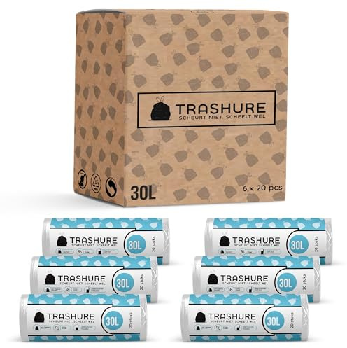 Trashure Müllbeutel Code O – Passend für Brabantia Mülleimer – 30L (6 Rollen x 20 Stück) – Reißfest & Auslaufsicher – Mit Zugband