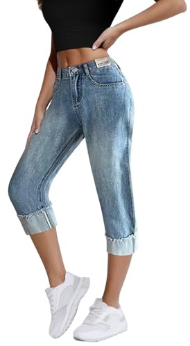 Onsoyours Pantaloni Capri per Donna Estivi Jeans a Vita Alta Eleganti 3/4 Pantaloni in Denim Jeggings Corti Jeans Capri J Azzurro XL