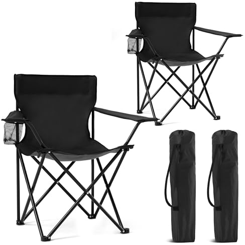 Canpsky 2 Pack Portable Camping Chairs Folding Lawn Chair Outdoor Lightweight Beach Chair with Cup Holder & Carry Bag for Outside Sports, Fishing, Hiking, Travel, Picnic, Backyard (Black-Dark)