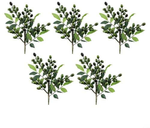 Ramo de ramas de bayas de olivo artificiales, tallos decorativos realistas, diseño flexible y ajustable, bajo mantenimiento, perfecto para el hogar, jarrón, jardín, arreglo de vacaciones, 5 unidades