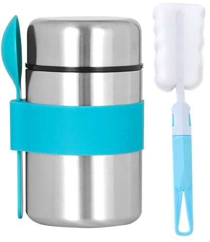 Thermal Food Flasks - 400ml Stainless Steel Vacuum Insulated Food Container with Spoon & Brush Food Jars for Hot/Cool Food Double Soup Flask Leak Proof Thermo Lunchbox for Meals, Soup, Fruit - blue