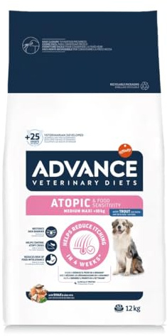 Advance Veterinary Diets Atopic Medium/Maxi - Crocchette Cane Ipoallergenico per Dermatite Atopica e Problemi Pelle - Cibo Secco con Trota, Patata e Aloe Vera - Riduce Prurito - 12 kg