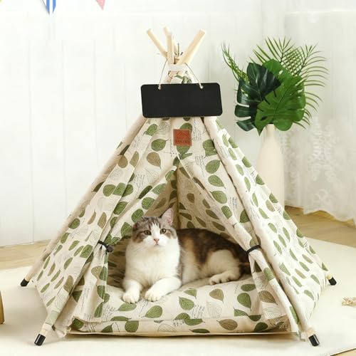 PETCUTE Tipi Zelt für Haustiere,Haustierzelt mit Herausnehmbarem und Waschbarem Kissen, Luxuriöse Hundehaus mit Holzstangen, Tragbares Haustier-Tipi-Zelt für Hunde und Katzen,M