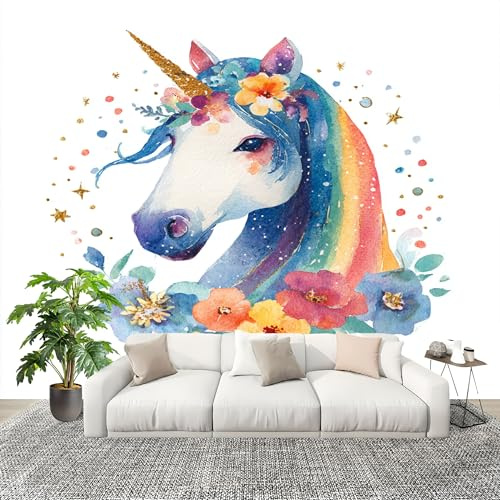 Tessuto Non Tessuto Murali Poster 200x140 cm Acquerello Unicorno Fiori Carta da Parati Fotomurali Soggiorno Corridoio Carta da Parati Panoramica Colorato Poster Gigante Design