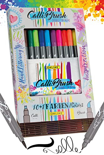 ONLINE Brush-Pen Set Calli.Brush I 11 Double-Tip Pinselstifte mit Kalligrafie-Spitze & Pinselspitze I farbenfrohe Handlettering Stifte für Kalligraphie, Bullet Journals & Co. I in Bambus-Box