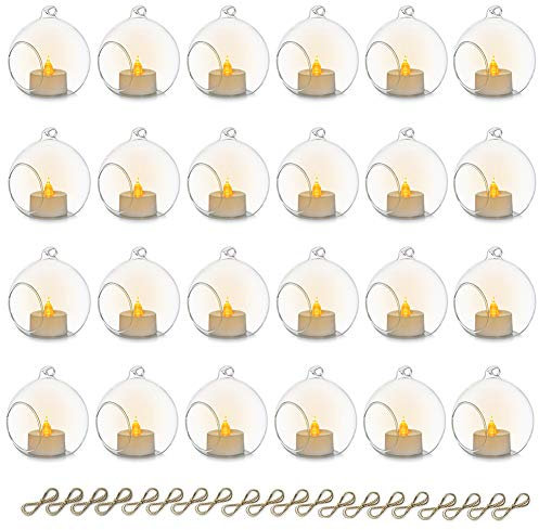 Sziqiqi 8cm Windlicht Hängend Glas Teelichter Halter 24 Stücke Kerzenleuchter Glasanhänger mit LED Kerze, Hängende Glasball Kerzenhalter Kerzenständer für Hochzeits Party Tisch Weihnachts Garten Deko