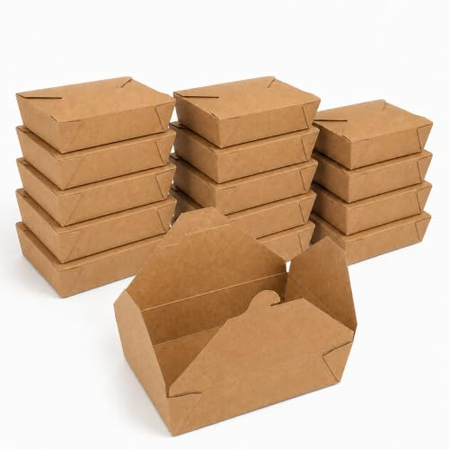 DeinPack Speise Box Take Away I Boîte à repas bio avec couvercle pliable 1600 ml I Boîte en carton rectangulaire I Boîte en carton kraft marron compostable I Jetable to Go Boîtes 50 pièces