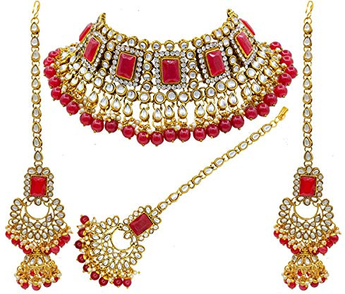 Aheli Brdal Kundan Faux Pearl Choker Necklace with Earrings Maang Tikka Gift for Women Indian Traditional Bharatanatyam jewellery Set (Red)