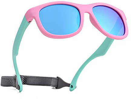 Pro Acme Obrytbara polariserade babysolglasögon flexibla småbarnssolar med rem mjuk silikonram för 0-24 månader, A2 - Pink Green Frame| Blue Lens, S