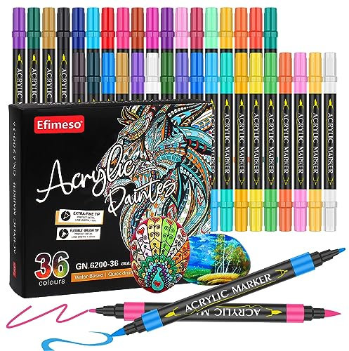 Efimeso 36 Wasserfeste Farben Acrylstifte, Doppelspitzen Stift Set Glitzerstifte mit Feiner Spitze und Pinselspitze für Steine Bemalen, Holz, Stoff, Metallic, Glas, Ostern Basteln