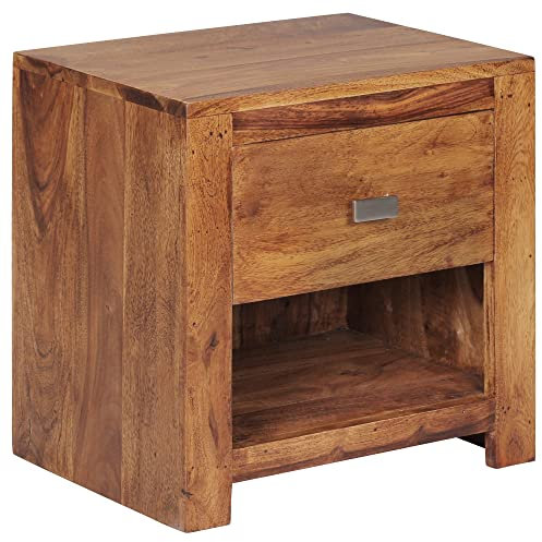möbelando Nachttisch Mumbai aus Sheesham Massiv-Holz 40 x 40 x 30 cm | Nacht-Kommode braun mit 1 Schublade und 1 Ablagefach | Nachtschrank Landhaus-Stil Echt-Holz