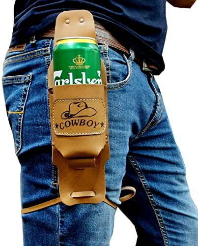 5MOONSUN5's Beer Holster Leather Cowboy Beer Holster, Handsfree Beverage Holder, Bottle Leg Grip, Old School, Western Drinking, Men's Party Gift Gear, Handmade with Brass Metal Rivets (Beige Brown)