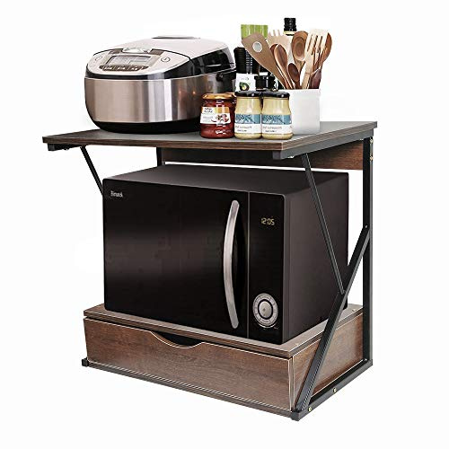 NICEME 2 Tiers Microwave Oven Rack Stand Shelving Unit Kitchen Home Office Printer Storage Shelf Organiser with Drawer, for Countertop, Worktop Organisation (Walnut Brown)