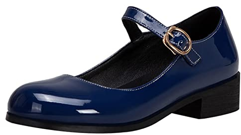 Bviennic Femmes École Talons Moyen Cuir Verni Mary Jane Chaussures Bout Rond Confort Bride Cheville Bloc Escarpins Formal Eté Chaussures Bleu Taille 40 Eu-41Cn
